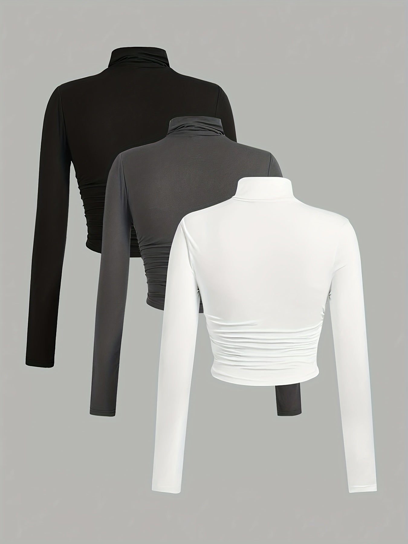 Lot de 3 Tops Femme Col Montant Manches Longues – Couleurs Unie Noir, Blanc et Gris