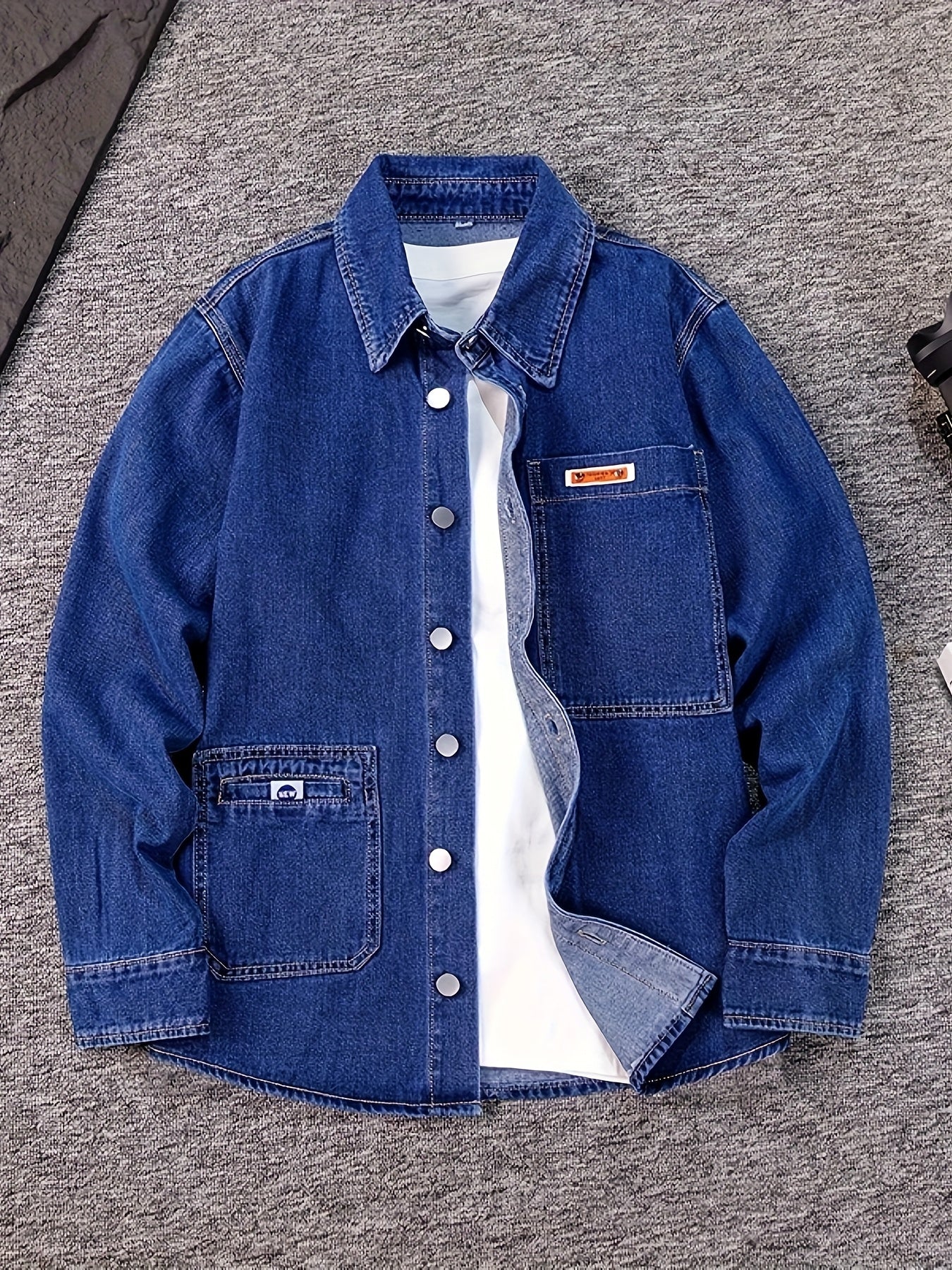 Men's Plus Size Loose Fit Non-Stretch Denim Shirt - Asymmetrical Chest Pockets, Classic Collar Long Sleeve Casual & Evening Shirt for Spring/Fall, Machine Washable, Durable Fabric, Fall Outfit, Stylish Menswear, Sturdy