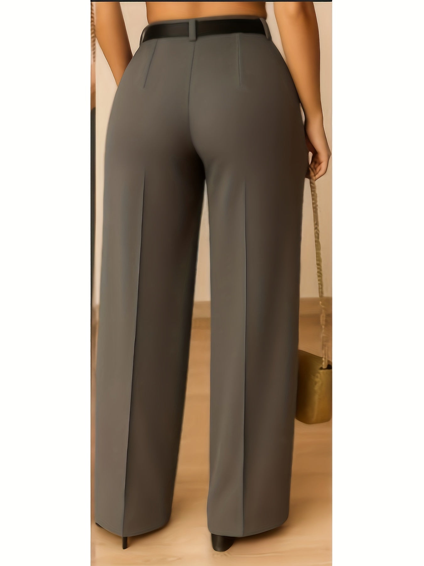 Pantalon Femme Jambe Large Taille Haute – Gris/Noir, Sans Ceinture, Style Bureau et Décontracté