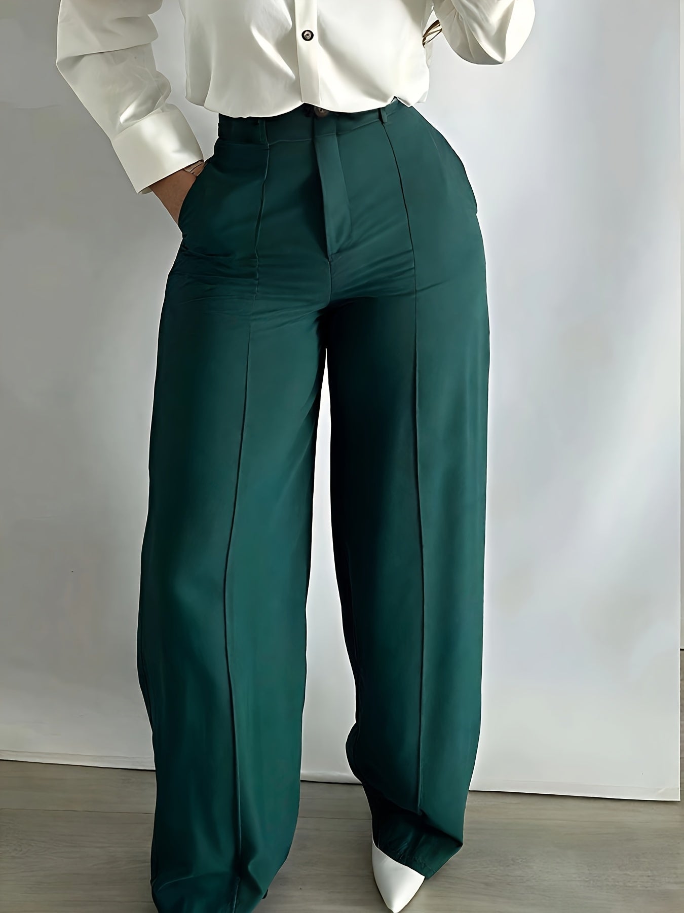 Pantalon Femme Élégant Vert Émeraude – Taille Haute, Jambe Droite, Fermeture Zippée, Sans Ceinture, Décontracté, Printemps/Automne
