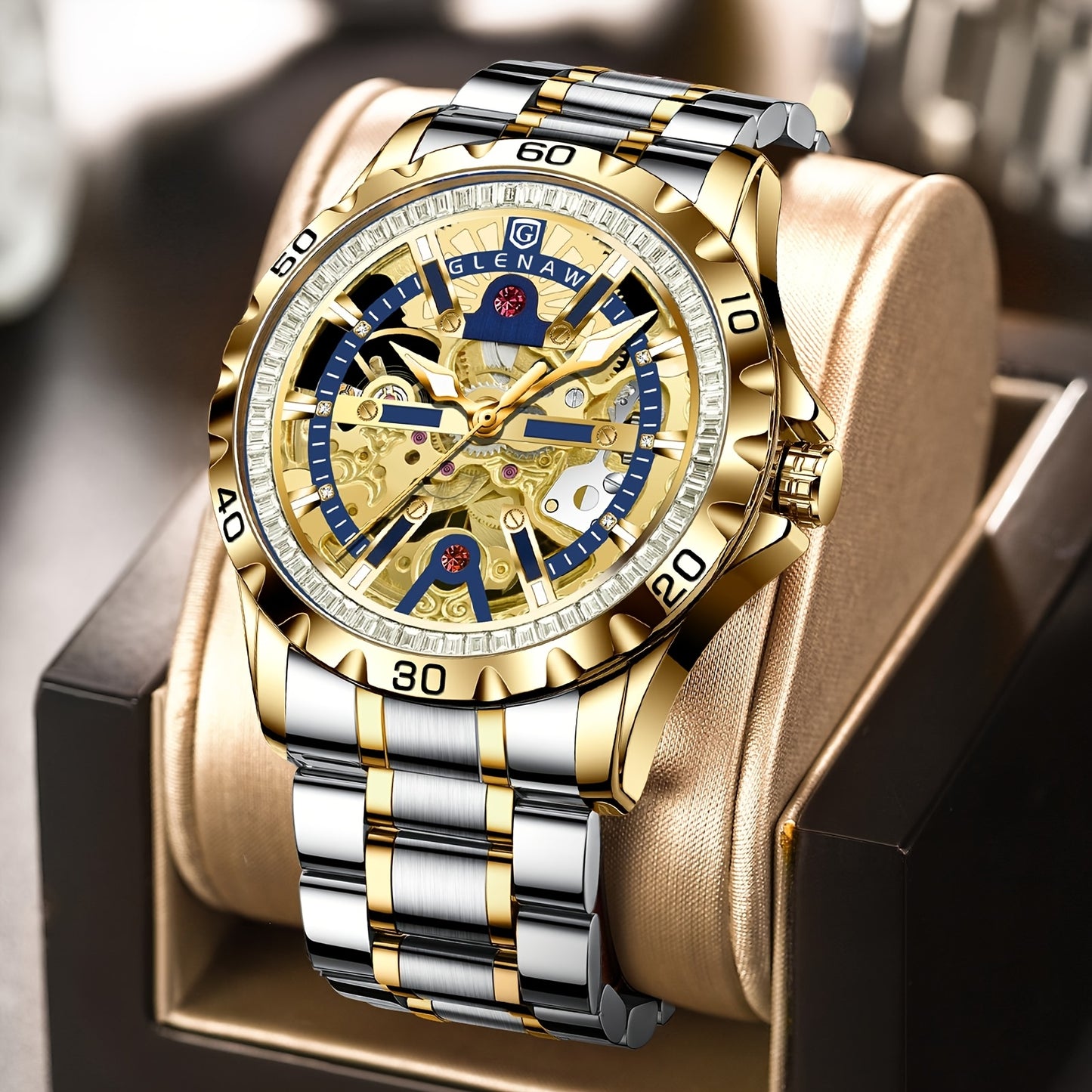 Automatic Watches for Men, Rhinestone Ring Blue Round Frame Men's Watch Stainless Steel Strap Skeleton Mechanical Watch