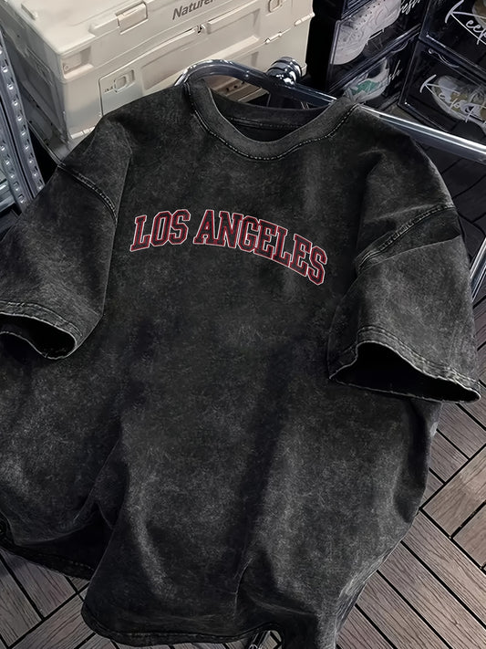 High-Quality Oversized Vintage-Style T-Shirt with a Round Neck, Featuring a Print of The Letters 'LOS ANGELES', Designed for Summer with a Loose Fit And Short Sleeves, Perfect for Streetwear And Hip-Hop Fashion, Thick