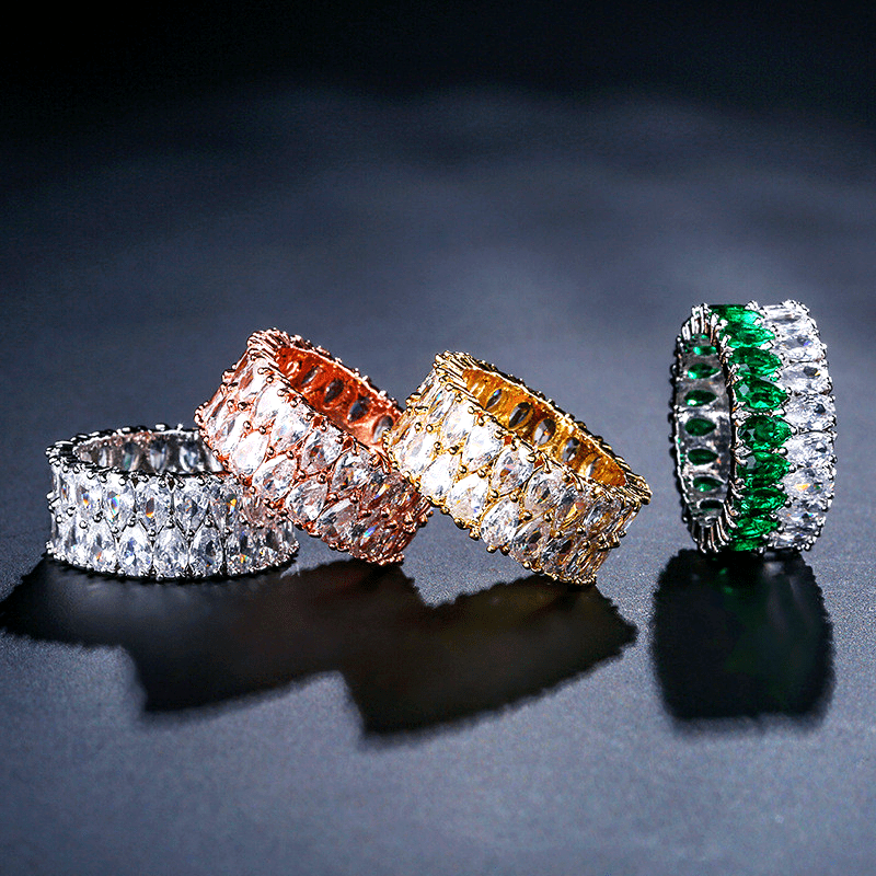 18K Golden Plated Copper Vacation Daily Occasion Holiday Valentine'S Day All Season Luxury Fashion Boho Female Big Wide Double Row Teardrop White Stone Ring, Luxury Fashion, Silvery Yellow Rose Golden Color, with Synthetic Zi