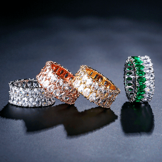 18K Golden Plated Copper Vacation Daily Occasion Holiday Valentine'S Day All Season Luxury Fashion Boho Female Big Wide Double Row Teardrop White Stone Ring, Luxury Fashion, Silvery Yellow Rose Golden Color, with Synthetic Zi