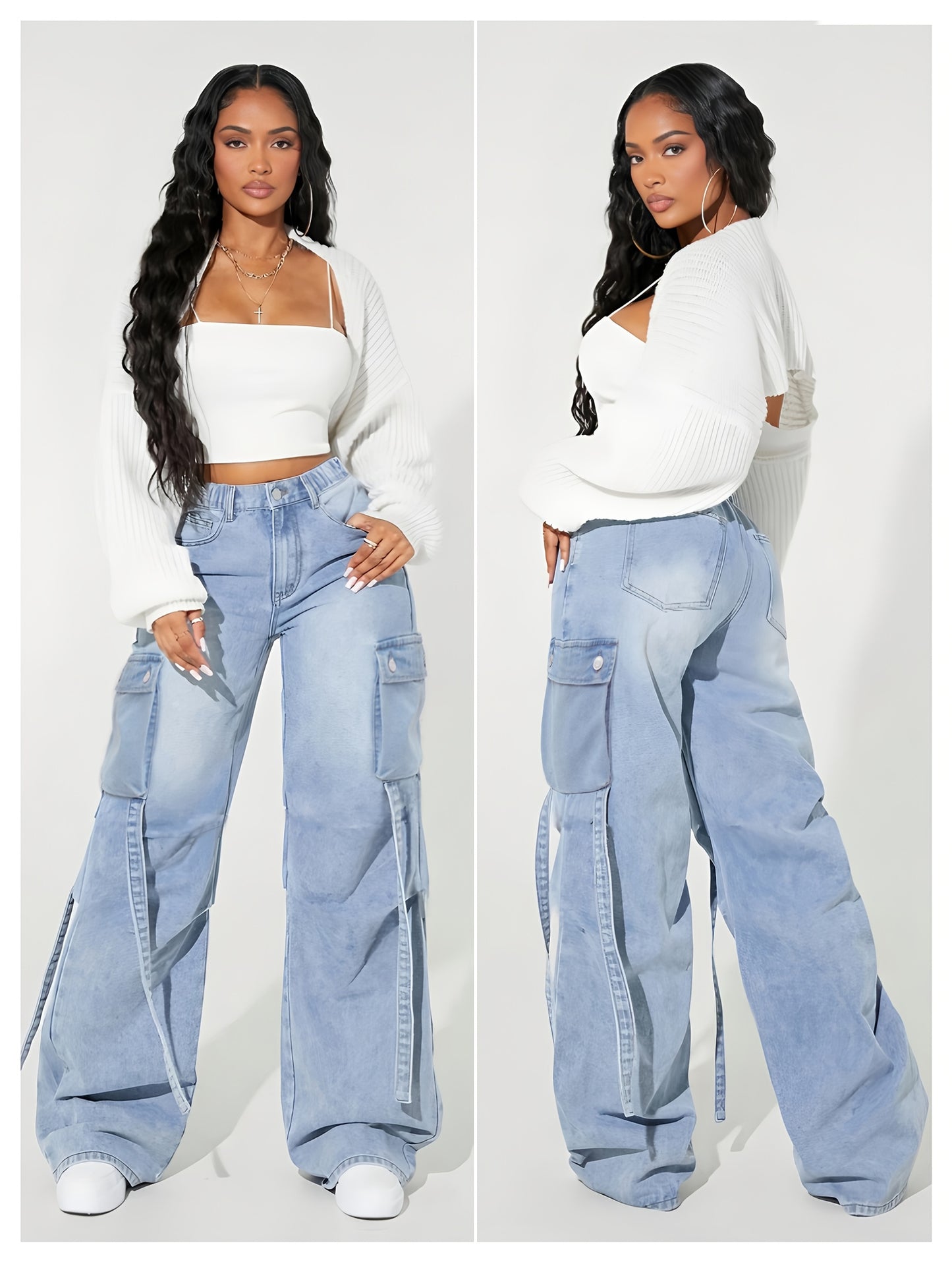 Jeans Cargo Femme Taille Haute – Jambe Large, Extensible, Multiples Poches, Bleu Denim, Style Y2K Streetwear