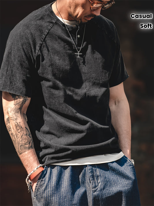 Maden Men's Casual Henry T-Shirt Vintage Inspired Enzyme Wash Tee Slim Fit Stretch Short Sleeve Tshirt, Weekend Attire, Streetwear Style, Distressed Look, Retro Tshirt, Soft, Stretch Fabric, Fitted Shirt, Casual Wardrobe, Urb