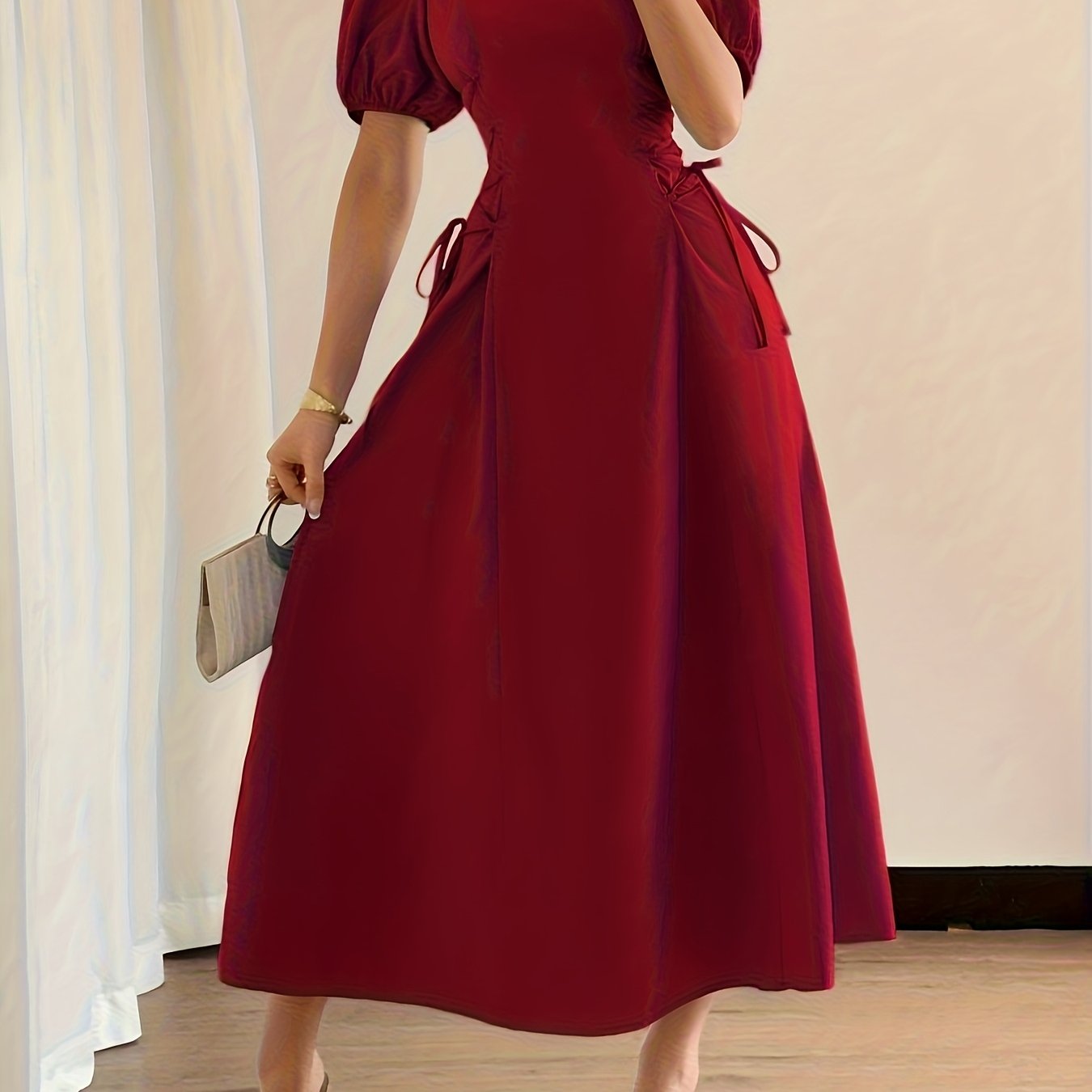 Solid Color Long Dress with Puff Sleeves, Ruffles, and Tie, Suitable for Vacation, Banquet, Party, Formal Wear, and Elegant Dress