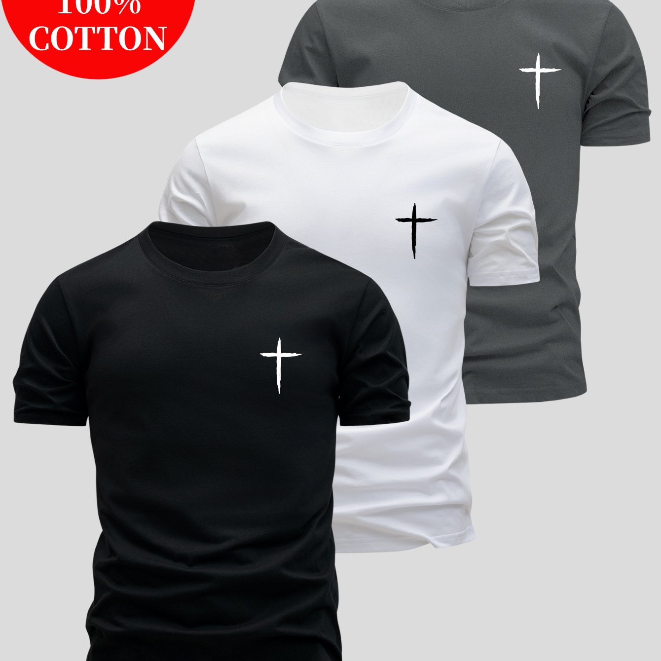 3pcs Men'S 100% Cotton Slim Fit T-Shirts - Breathable Round Neck Short Sleeve Tops with Cross Design, Lightweight & Moisture-Wicking for Summer Casual Wear, Everyday Tshirt | Minimalist Design | Breathable Fabric, Sweat-Resis