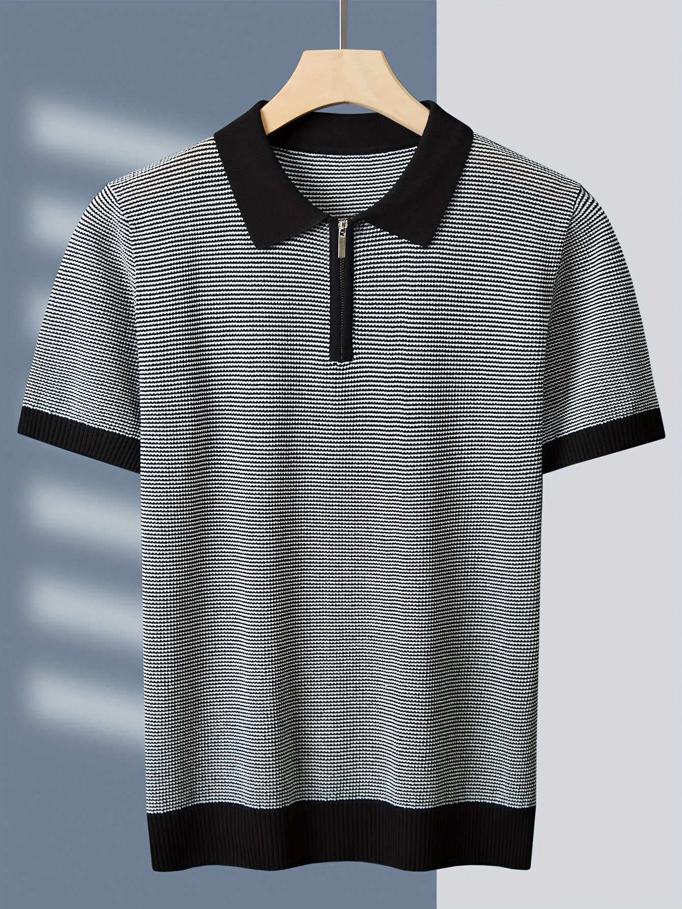 Men'S Breathable Knit Polo Shirt - Stylish & Striped Design, Short Sleeve, Lightweight, High-Quality, Perfect for Golf, Casual Wear, All-Season, Golf Apparel | Stylish Knit Shirt | Medium Stretch Fabric