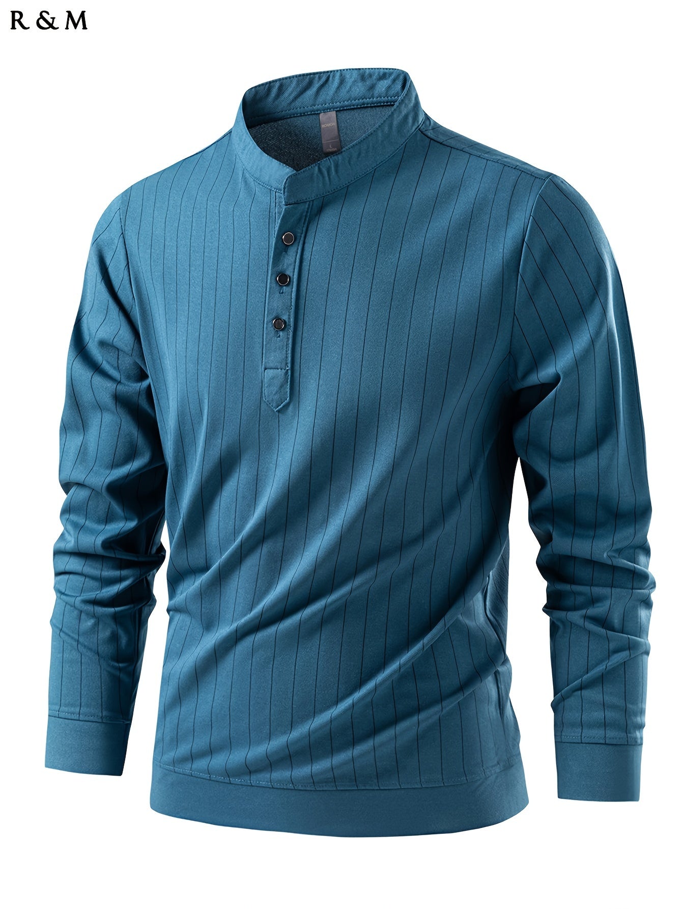 Mens Slimming Vertical Striped Long Sleeve T-Shirt - Light Business Style, Stand Collar, Four-Season Comfort, Regular Fit, Black with Dark Stripes, Hand Wash Only, Casual Wear, Elegant Pullover, Durable Casual Wear