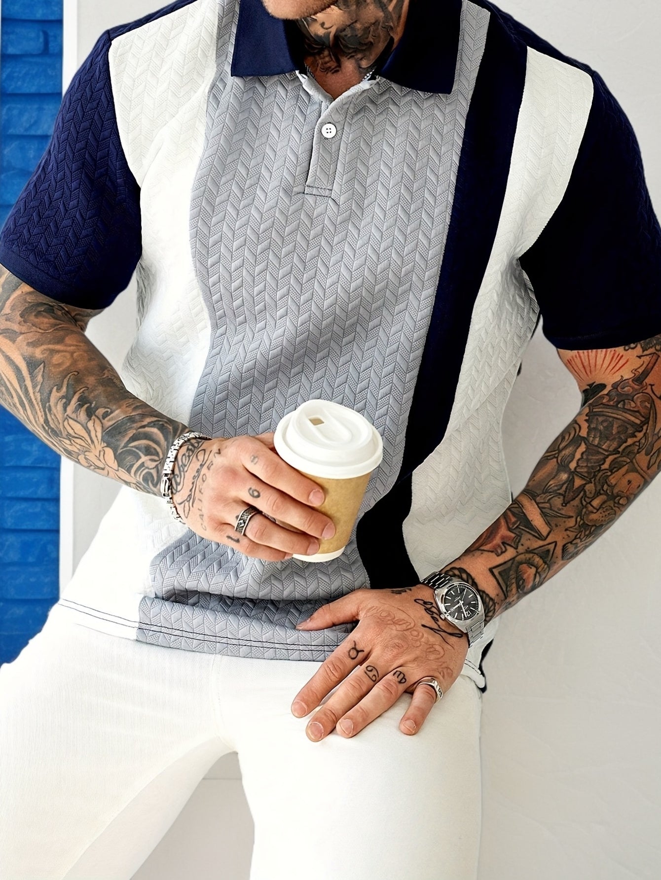 Men'S Short-Sleeve Polo Shirt with a Patchwork Design, Featuring Buttons And a Textured Knit, Perfect for Casual Summer Wear with a Stylish And Comfortable Fit.