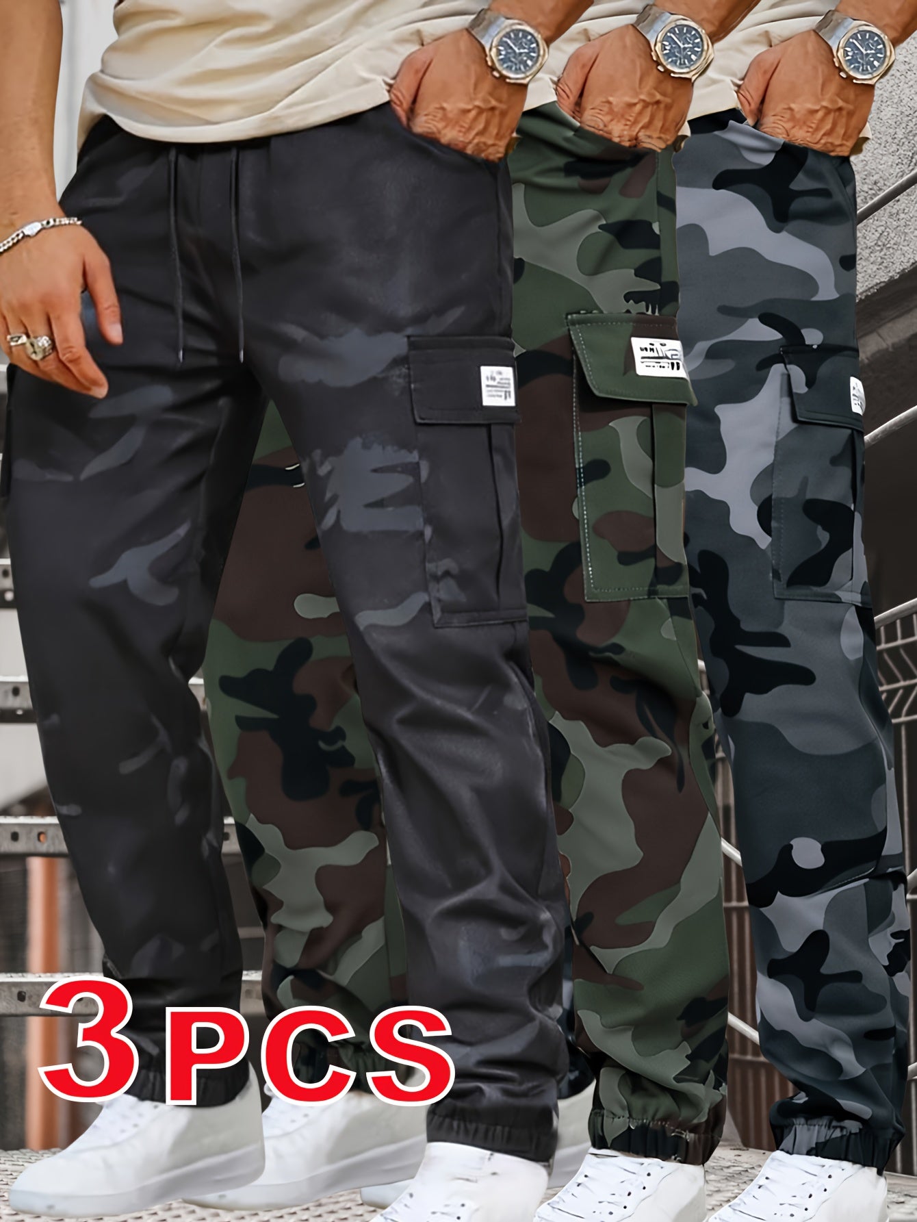 Lot de 3 pantalons de travail homme camouflage – Pantalons cargo tactiques toutes saisons avec poches utilitaires, taille à cordon, tissu non extensible – Idéal extérieur, construction, randonnée, camping – Lavable en machine