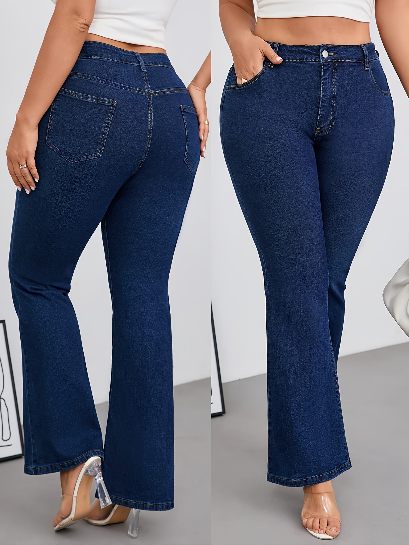 Jeans Femme Grande Taille Taille Haute Évasé Extensible Bleu Poches Obliques Boutons Toute Saison Élégant Décontracté et Formel
