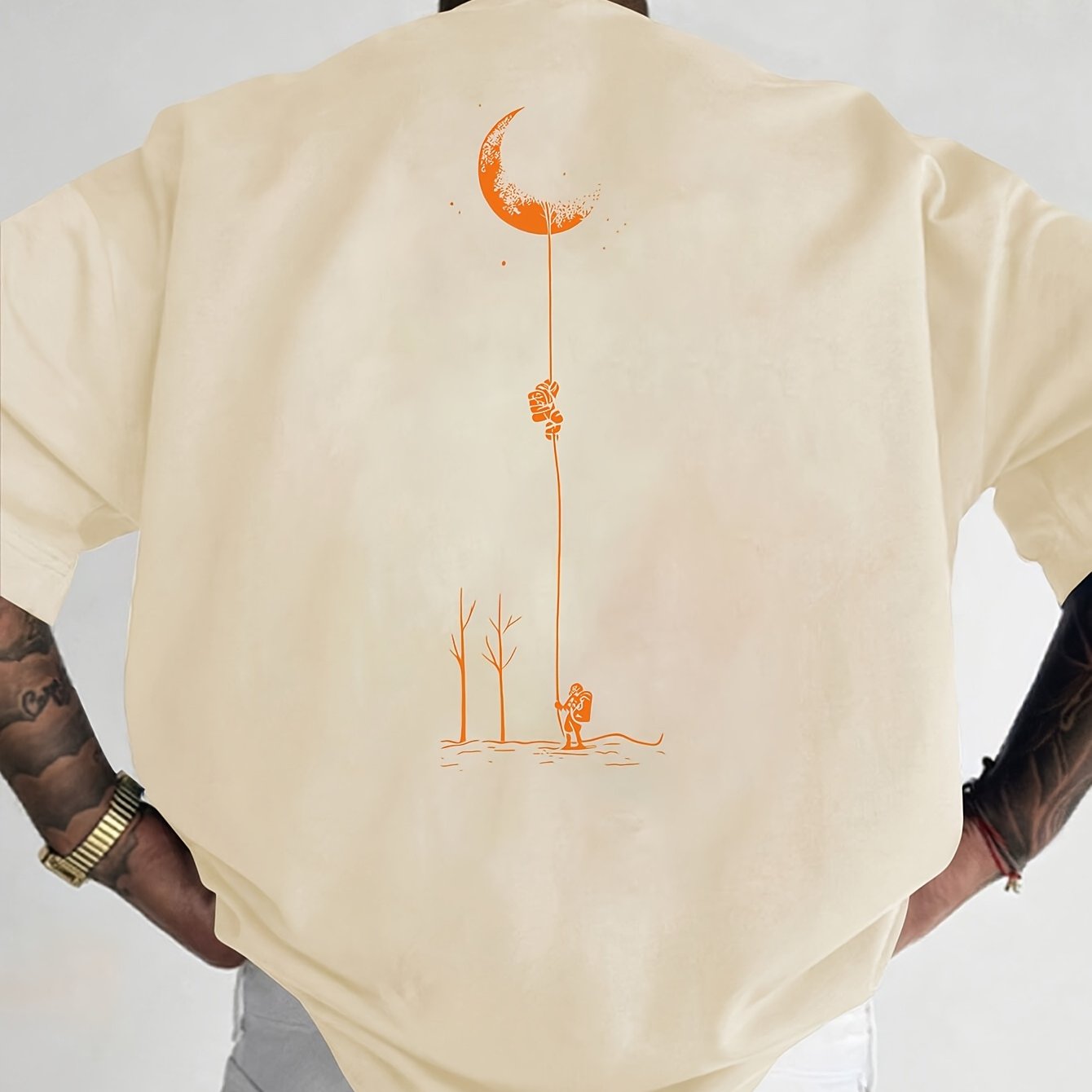 Moon and Trees Design Front & Back Graphic Crew Neck Cotton Summer Fashion Short Sleeve Casual Daily Style Top with Unique Geometric Pattern, Suitable for Spring/Summer Outdoor Activities