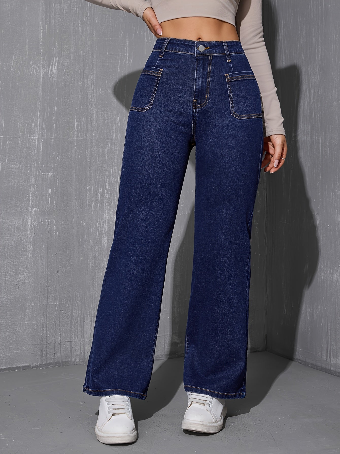 Jeans Femme Jambe Droite Décontracté Taille Élastique Poches Denim Extensible Couleur Unie Longue Printemps Automne Polyvalent