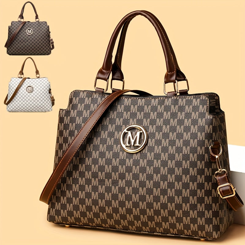 Sac rétro Pied-de-poule femmes blanc et marron logo doré M bandoulière réglable élégant