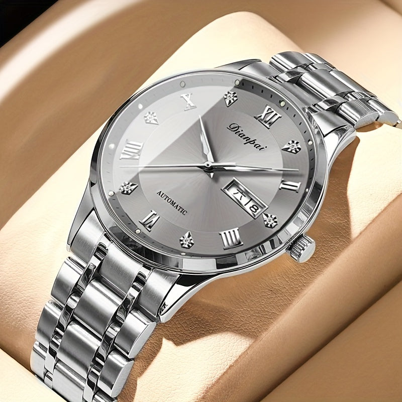 Men'S Automatic Mechanical Watch with Calendar & Date Display, Luminous Hands, Roman Numerals, Stainless Steel Strap & Case, Business Style Luxury Wristwatch, Date Display Watch | Elegant Wristwatch | Durable Watch, W