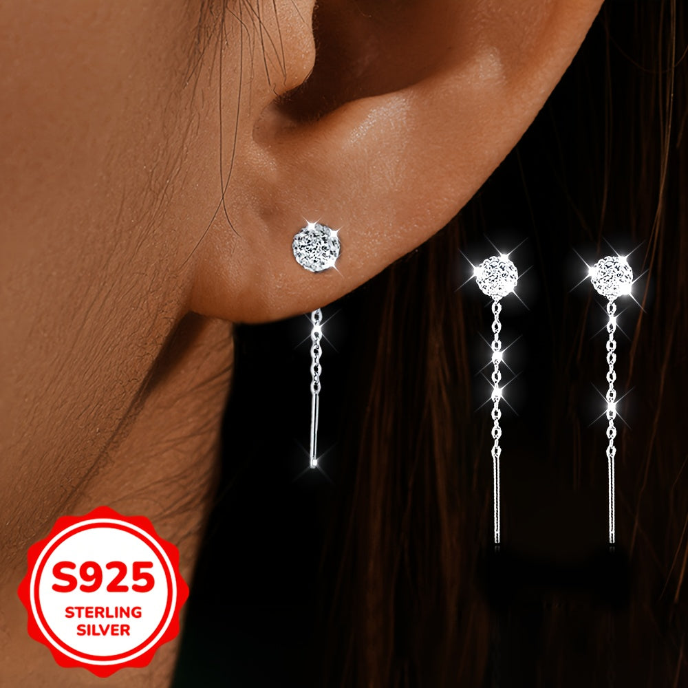 1 paire de boucles d’oreilles, argent sterling S925, plaqué argent ultra-brillant avec zirconia synthétique et zirconia cubique synthétique en forme de boule