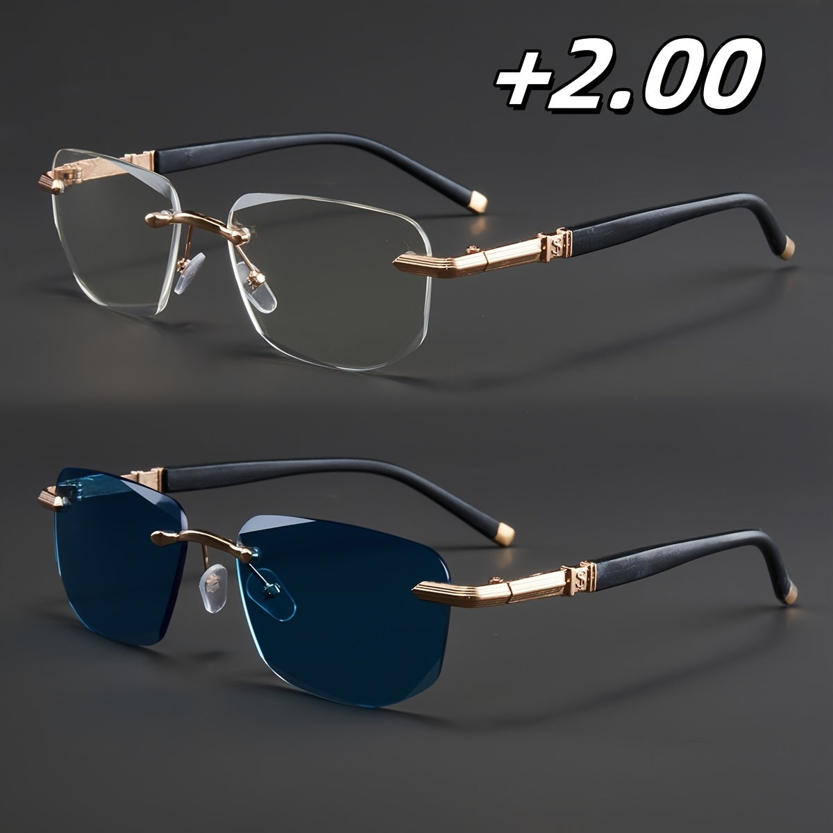 Two Pairs, Bundled Set, Stylish, Men'S, Exquisite, Luxurious, Rimless, Beveled Edge, Reading Glasses, Metal Frame, Options: 100, 150, 200, 250, 300, 350, And 400 Degrees, Without Battery, Christmas Gifts