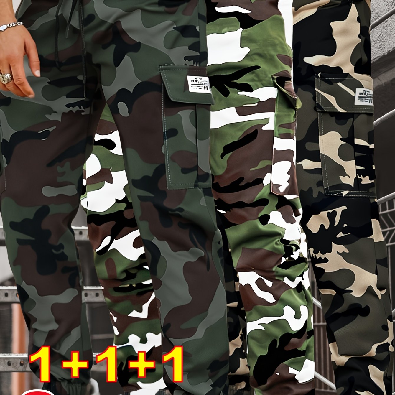 Lot de 3 pantalons de travail homme camouflage – Pantalons cargo tactiques toutes saisons avec poches utilitaires, taille à cordon, tissu non extensible – Idéal extérieur, construction, randonnée, camping – Lavable en machine