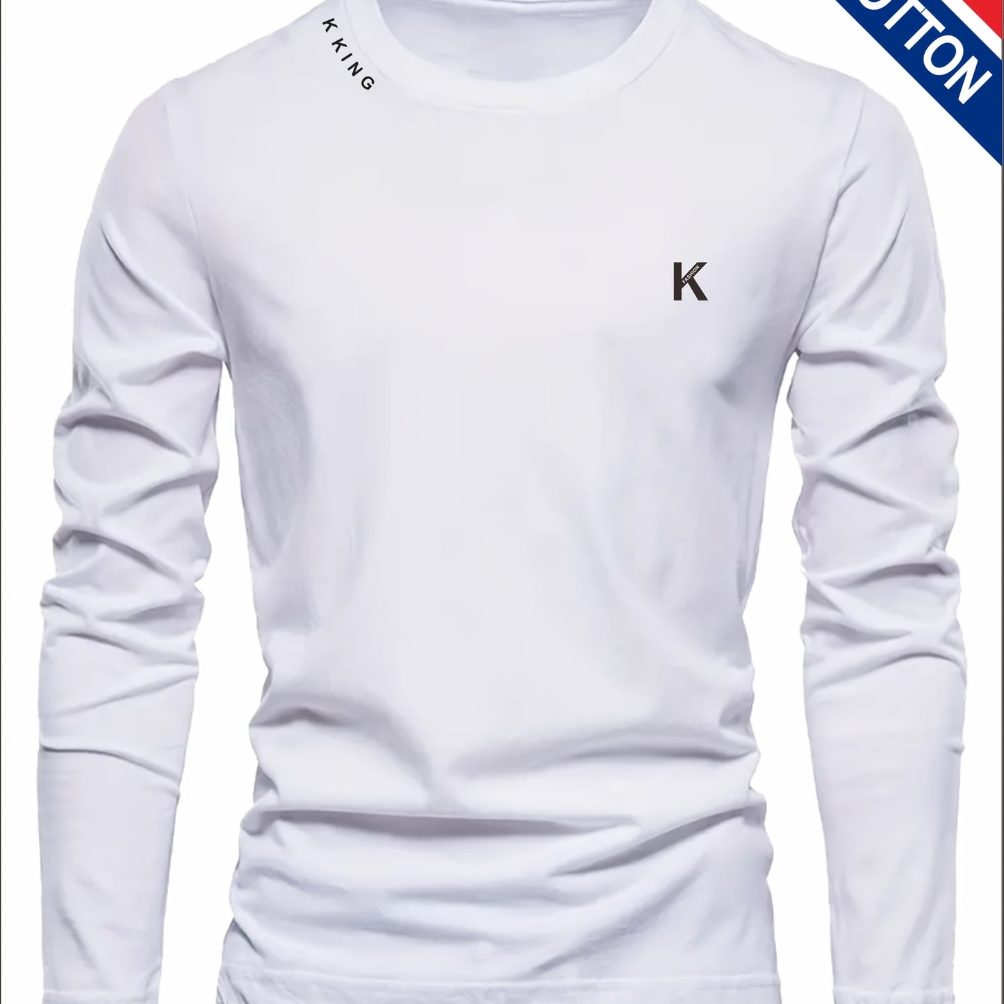 Men's pure cotton long sleeved T-shirt with letter print, casual round neck, breathable sports top, comfortable regular style, fashionable, ideal gift for outdoor activities, regular sleeve length, suitable for all seasons