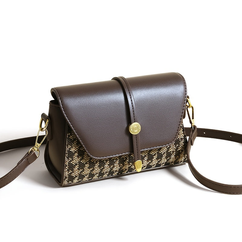 Sac bandoulière élégant – marron foncé uni avec patchwork pied-de-poule, fermeture zippée, doublure polyester, détails de peinture sur les bords, polyvalent pour toutes occasions