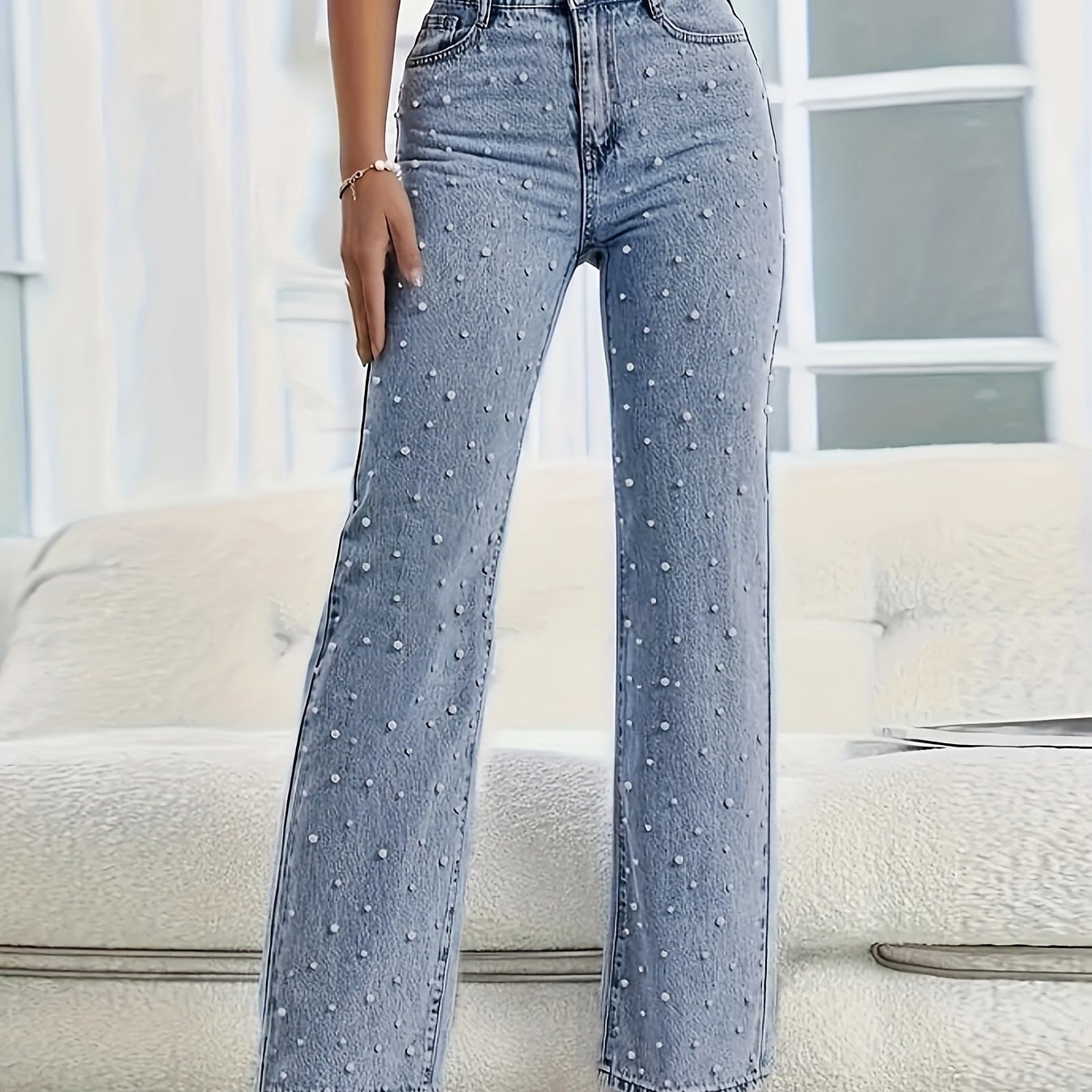 Pantalon droit en denim stretch orné de perles tridimensionnelles, décontracté, confortable et tendance