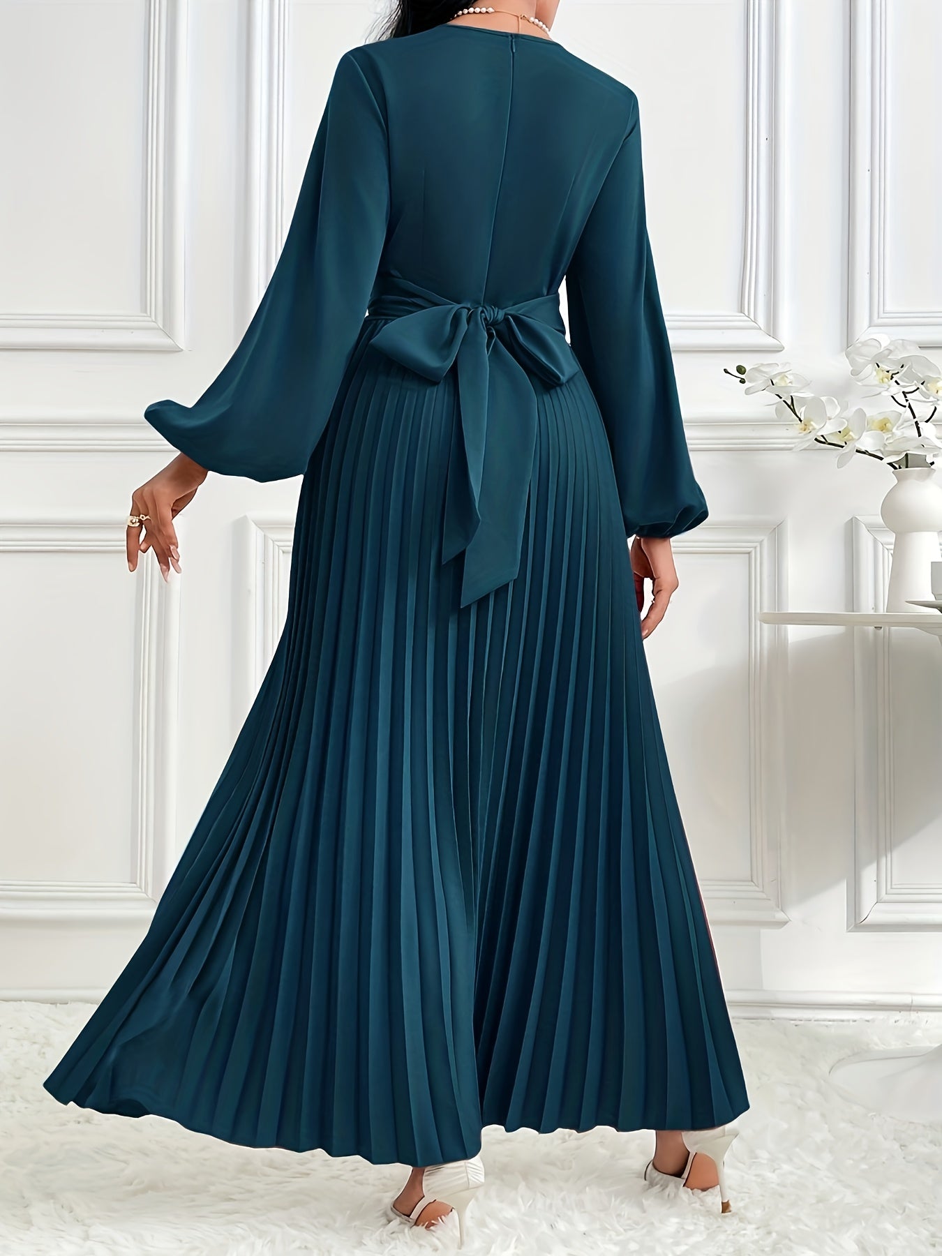 Women's Solid Color Lantern Sleeve Ruffled Elegant Arabic Dress