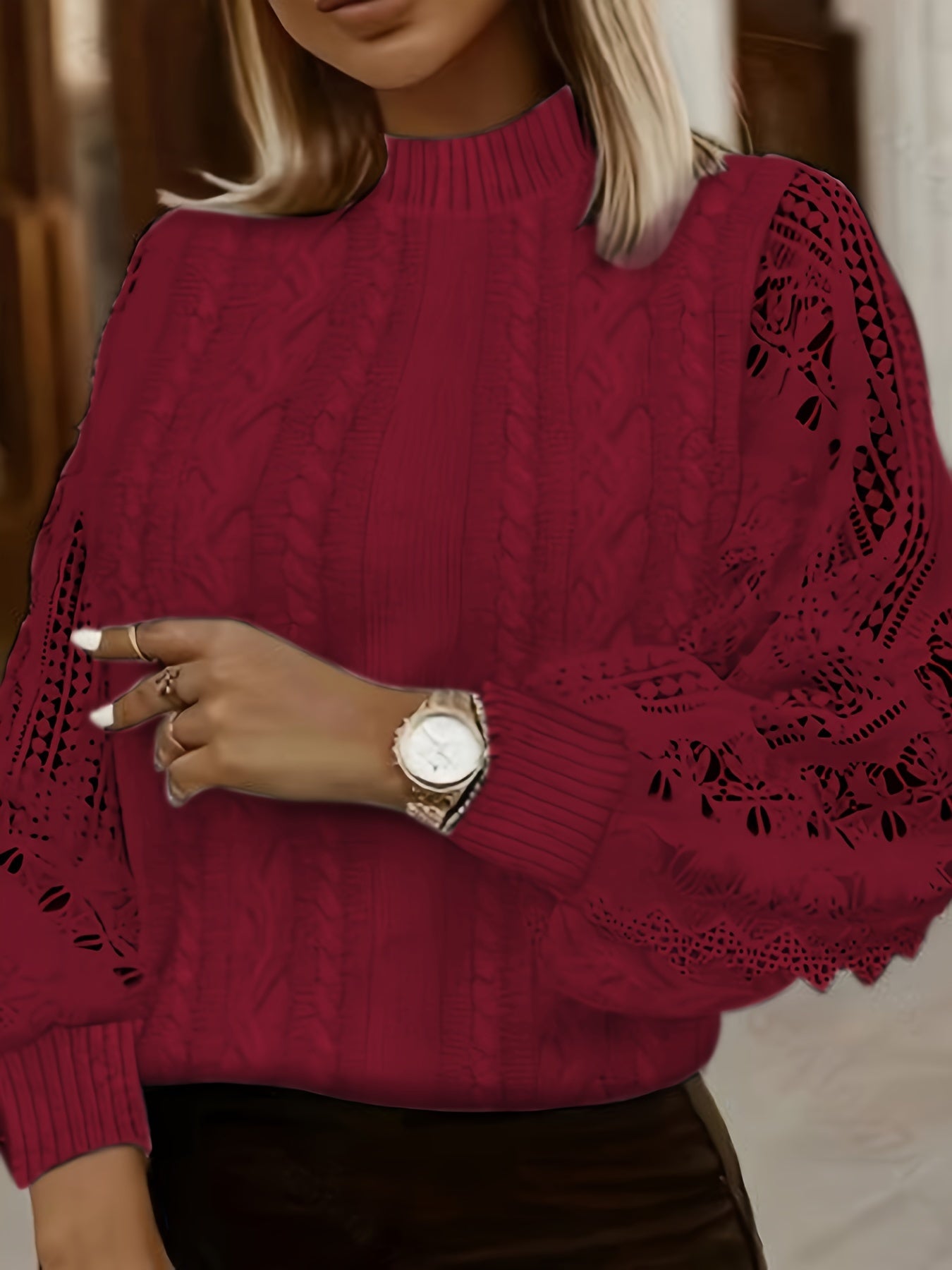 Pull élégant pour femmes à col montant, manches longues, motif géométrique, semi-transparent avec bordure en dentelle, automne-hiver, confort extensible, style casual et formel