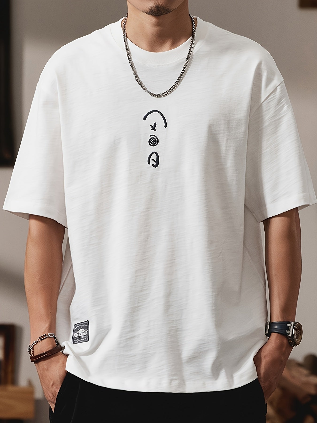 Men's Heavyweight 100% Cotton Oversized T-Shirt with Music Note & Headphone Graphic Chest Print - Breathable Summer Casual Round Neck Long Sleeve Loose Fit Tee for Casual Attire, Music Events & Lounge Outfits
