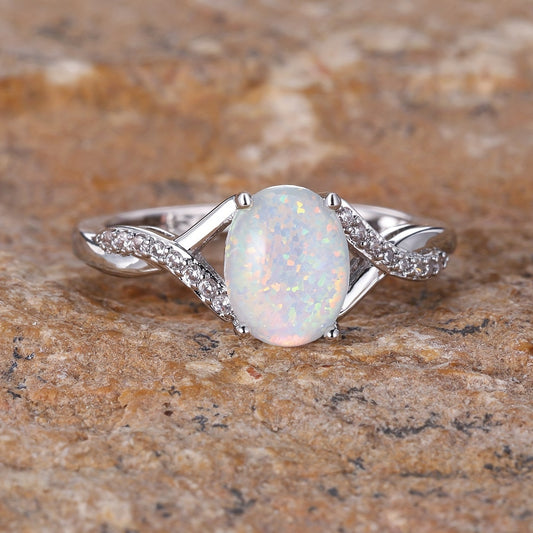 Oval White Opal  Twist Curved Ring for Women Simple Delicate Glitter Creative Design Wedding Ring EngaSynthetic Gemstoneent Party Wear Elegant Temperament Jewelry