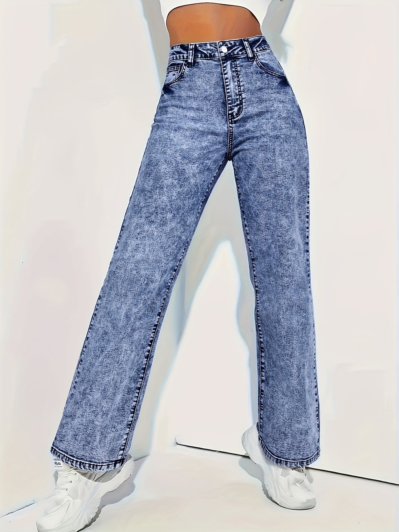 Jean droit stretch à motif flocon de neige pour femme - Denim semi-extensible avec détails usés, confort toutes saisons, pantalon décontracté et élégant lavable en machine