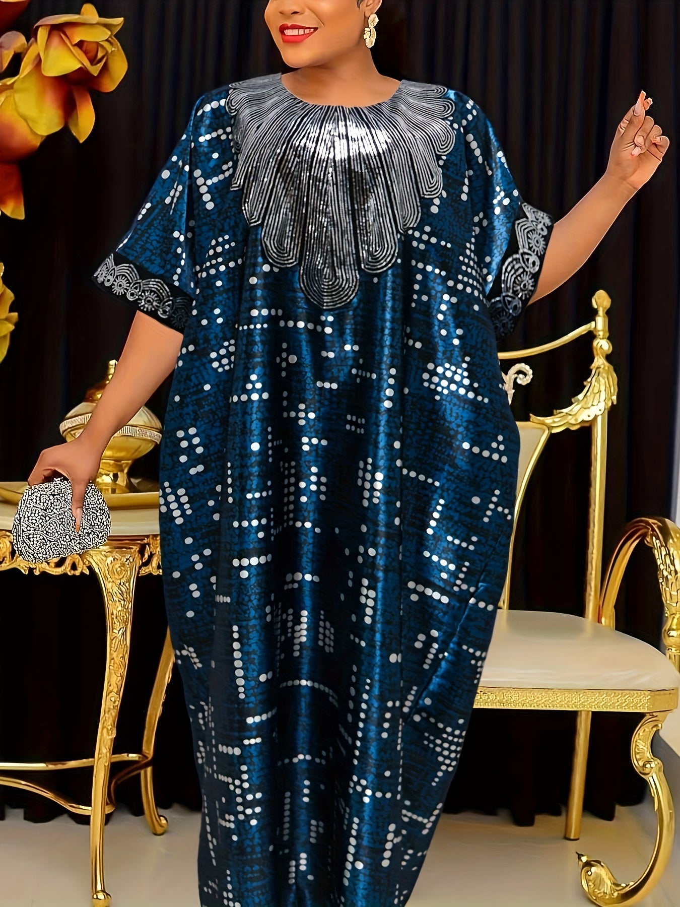 Robe Kaftan Turque Moyen-Orient – Ornée de Sequins, Manches Chauve-Souris et Foulard, Longueur Sol, Imprimé Intégral, Tissu Non Extensible, Parfaite pour Mariages, Fêtes et Événements Culturels
