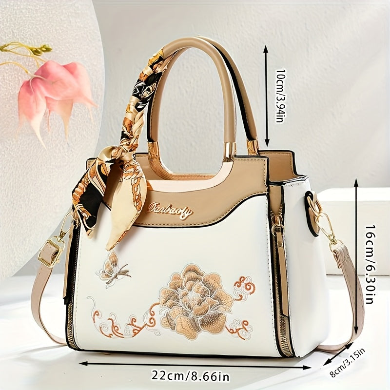 Sac Bandoulière Élégant Femme– Noir avec Broderie Florale et Bandoulière Amovible, Grande Capacité, Fermeture Éclair, Sac à Épaule, Cadeau Idéal pour Maman, Sac Polyvalent pour le Quotidien, Accessoire Sophistiqué, Finition Premium