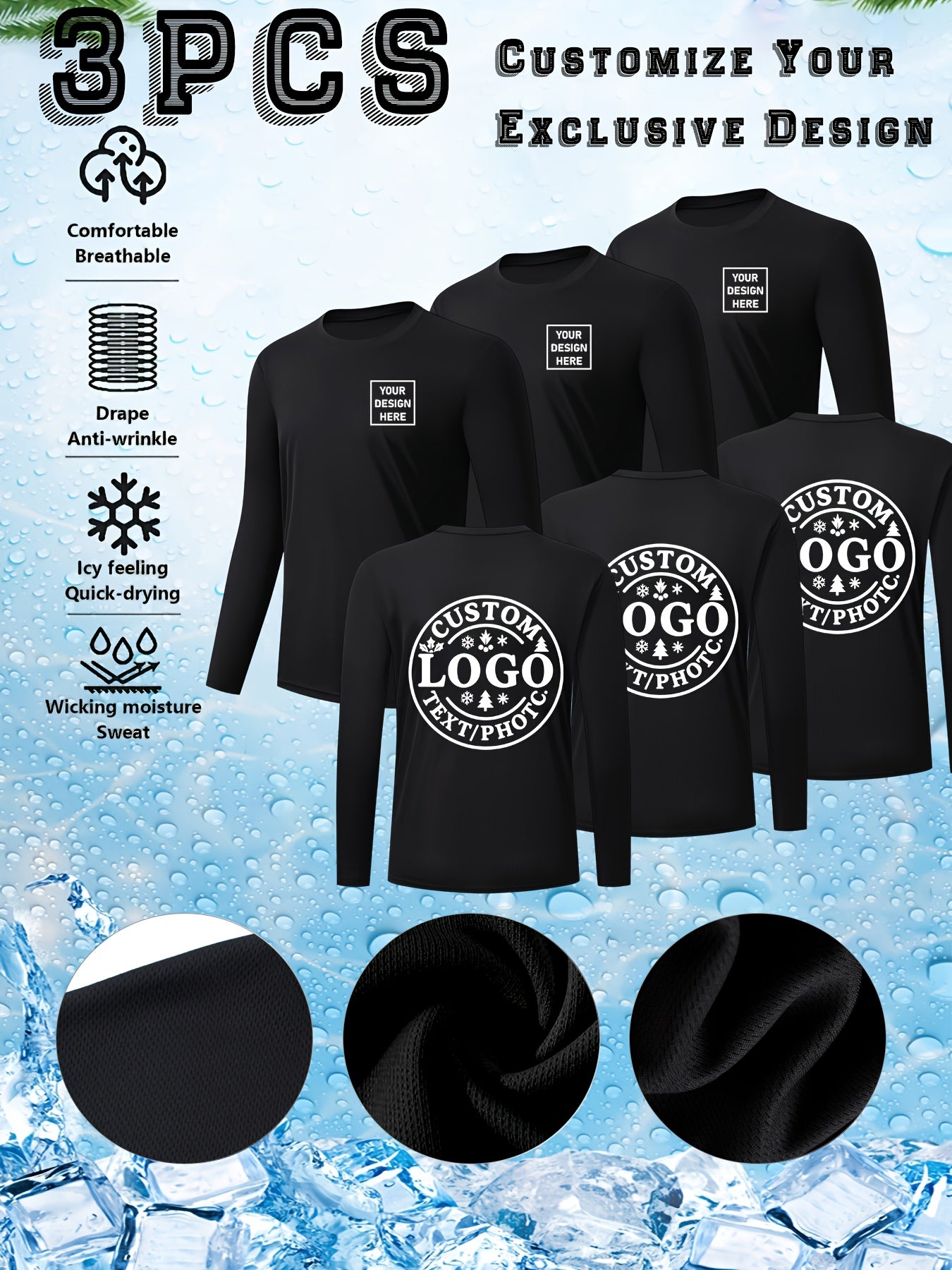 3pcs T-Shirts Longues Manches – Séchage Rapide Personnalisables