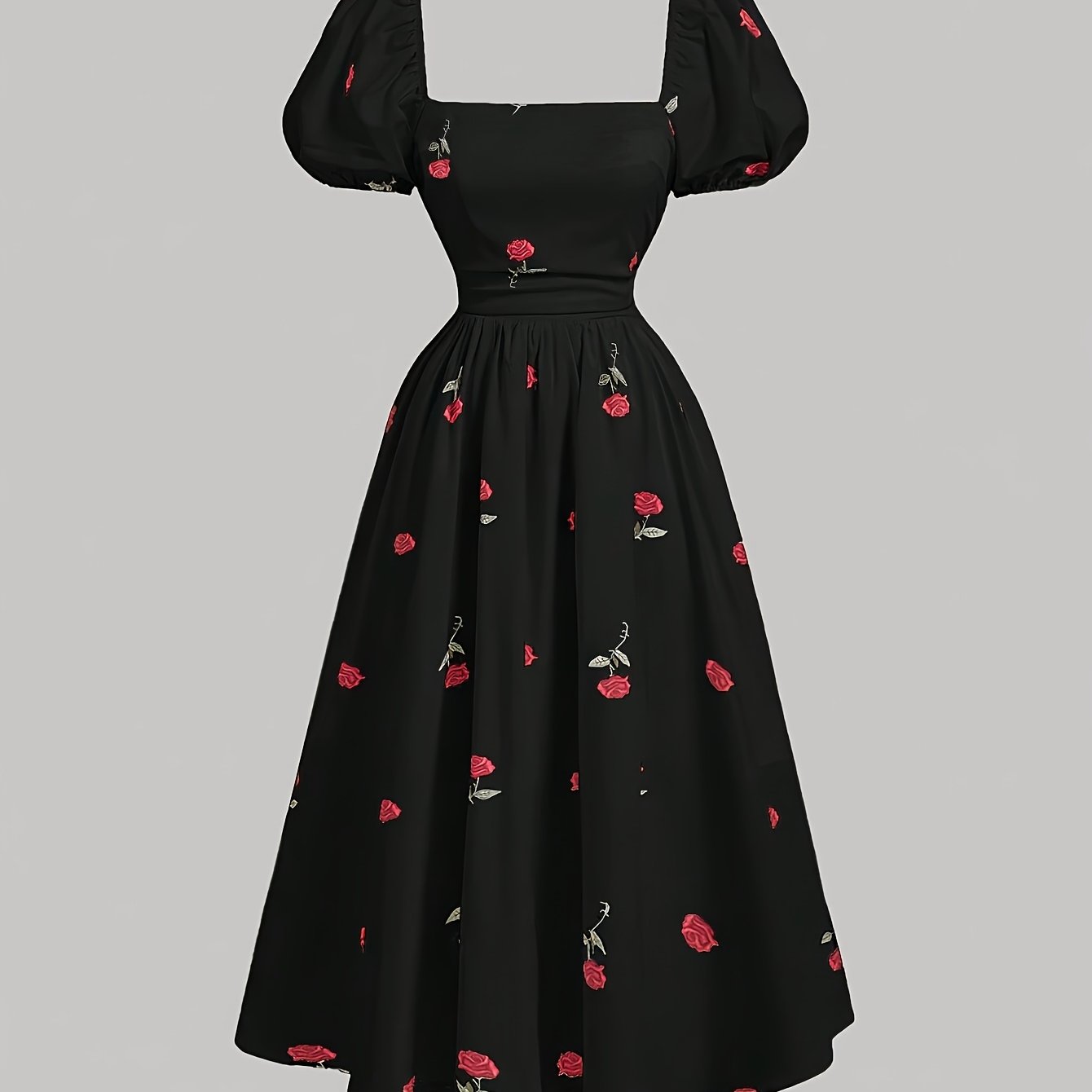 Robe élégante pour femmes à col carré – Imprimé floral, manches courtes, coupe ajustée en A, roses rouges et feuilles vertes, légère et lavable en machine, printemps/été/automne, casual à semi-formel