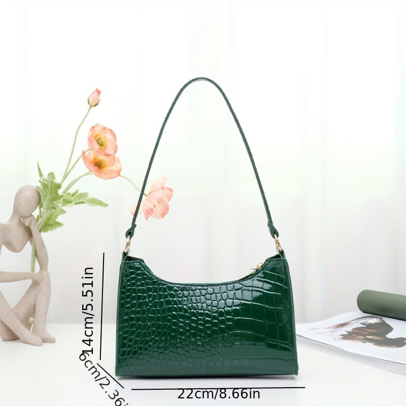 Sac épaule élégant pour femmes – simili cuir motif crocodile, finition brillante, fermeture zippée, bandoulière fixe, sac à main noir tendance