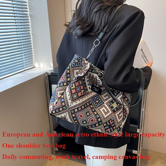 Sac Cabas Femme Ethnique Rétro – Grande Capacité, Réutilisable, Sac à Épaule avec Fermeture Éclair, Design Noir et Bleu, Sac Décontracté pour Voyages et Plage