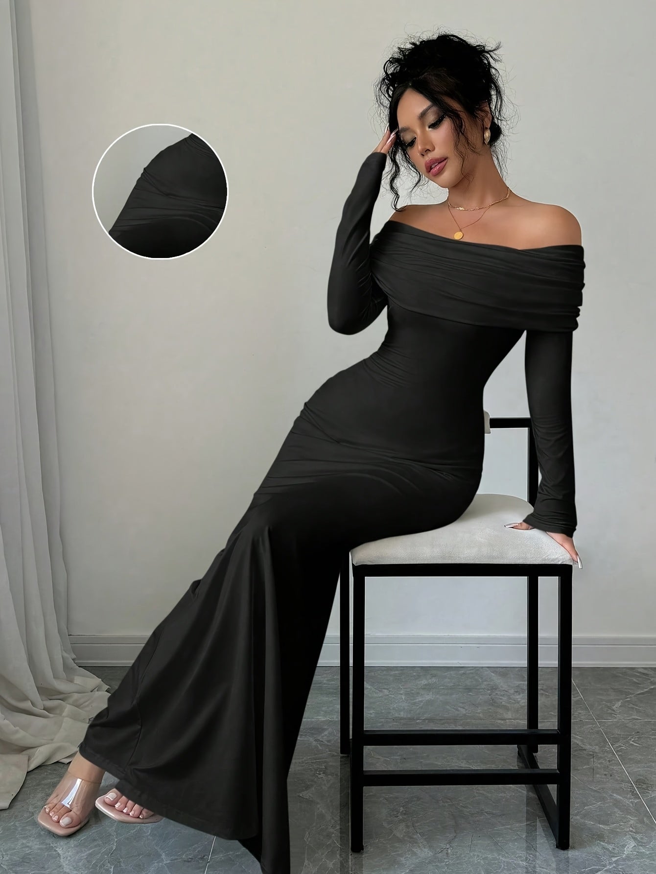 Women's Elegant Strapless/ Neck Twist Back Mermaid Dress - Solid Color Fitted Long Sleeve Dress Suitable for Weddings, Parties, Business Events - Machine Washable Year-Round Wear