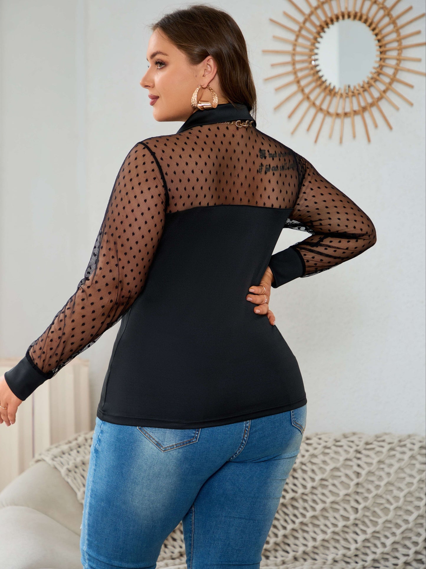 Blouse grande taille à empiècements en mesh, col élégant, manches longues, printemps, vêtements femme grande taille