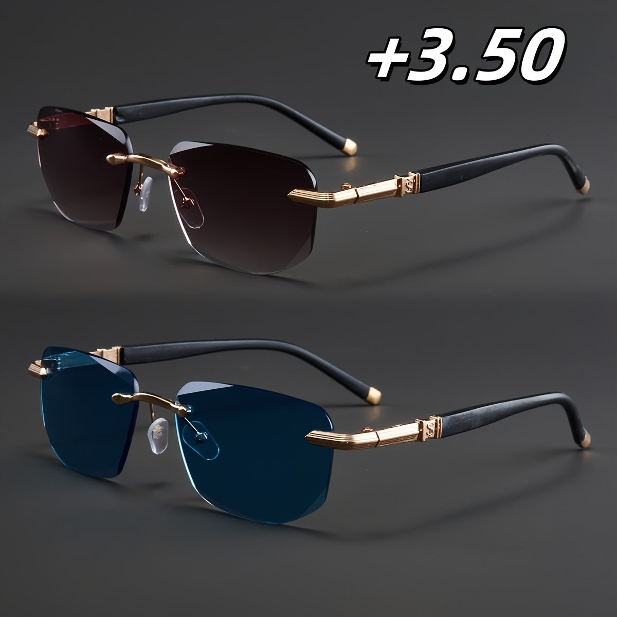 Two Pairs, Bundled Set, Stylish, Men'S, Exquisite, Luxurious, Rimless, Beveled Edge, Reading Glasses, Metal Frame, Options: 100, 150, 200, 250, 300, 350, And 400 Degrees, Without Battery, Christmas Gifts