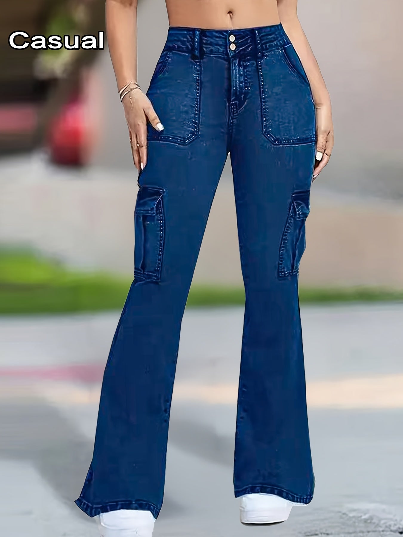 Jeans Femme Extensible Cargo Évasé Bleu Foncé Effet Usé Bootcut Poches Multiples Taille Haute Contrôle Ventre Style Street Slim Décontracté
