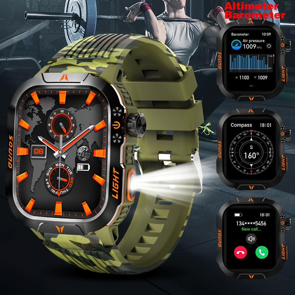 Outdoor smart watch, wireless calling, sports watch, compass, altimeter, barometer, LED flashlight, IP68, pedometer, fitness tracker, multimedia information viewing, weather 100+ sports modes, suitable for Android iPhone, Men