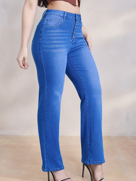 Jean stretch pour femme, coupe droite, taille haute, fermeture multi-boutons - Bleu délavé