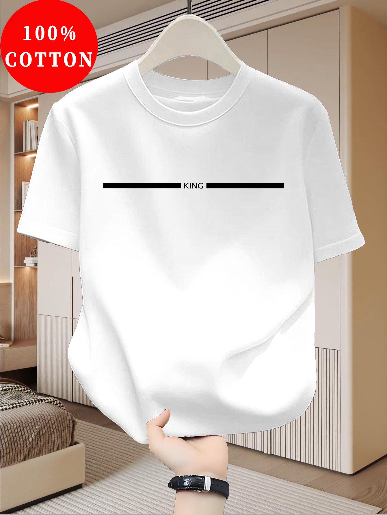 Men's 100% Cotton T-Shirt Slim Fit Short Sleeve - Minimalist Korean Text Print (Hangul: "king") Round Neck Summer Casual Shirt, Breathable Korean-Inspired Casual Attire, Hand Washable 100% Cotton Tee
