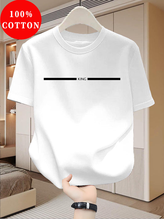 Men's 100% Cotton T-Shirt Slim Fit Short Sleeve - Minimalist Korean Text Print (Hangul: "king") Round Neck Summer Casual Shirt, Breathable Korean-Inspired Casual Attire, Hand Washable 100% Cotton Tee