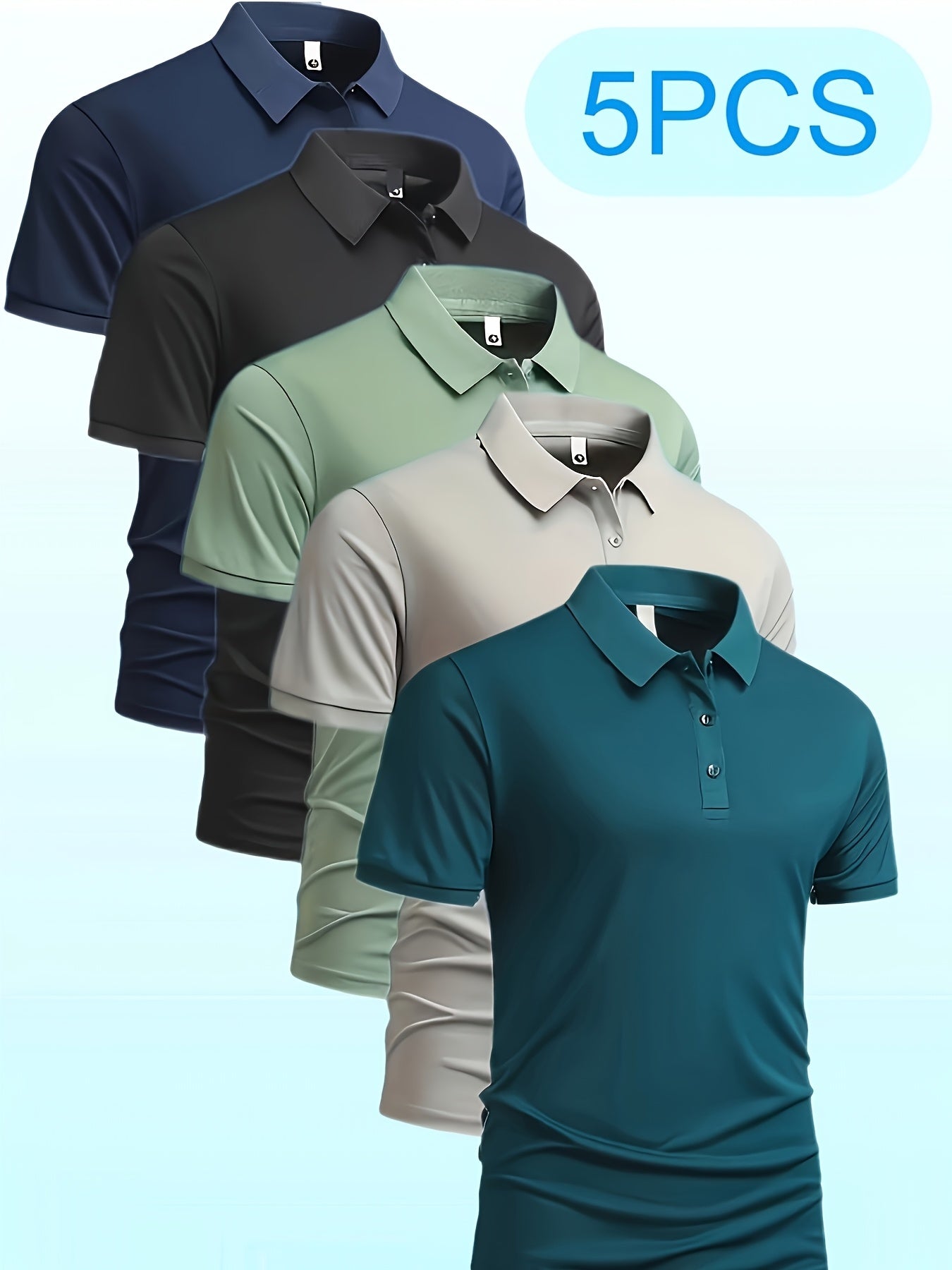 5pcs Men'S Polo Shirts - Elegant Solid Color, High-Quality Fabric, Short Sleeve, Button-Up Collar, Regular Fit, All-Season Wear for Business, Travel, Work, Dates, Home & Golf, Golf Attire | Stylish Polo Set | Durable Fabric
