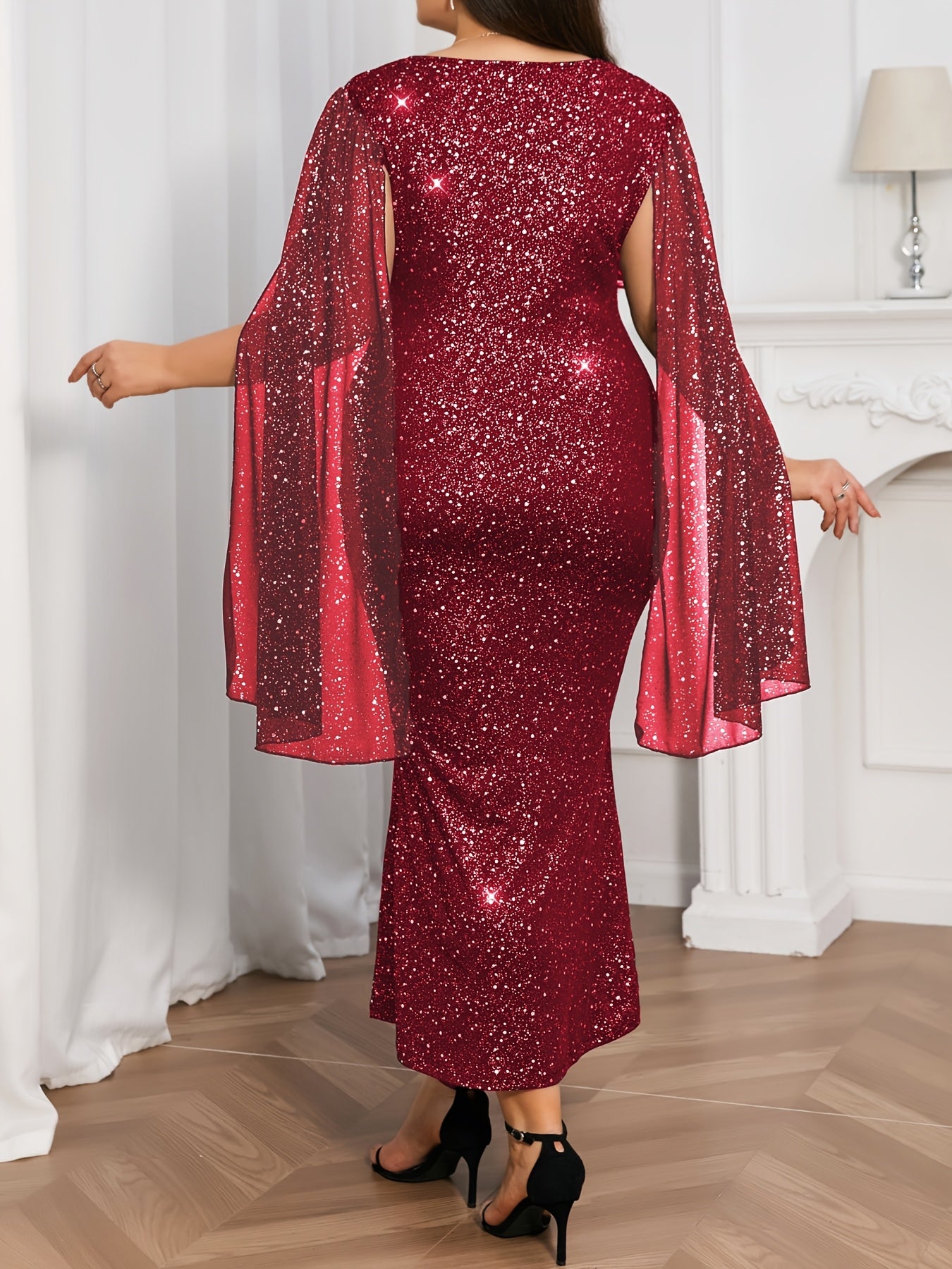 Plus Size, Women's Plus Size Elegant Shiny Party Dress with Sparkling Sequin & Star Print - Mermaid/Trumpet Silhouette Floor-Length Formal Evening Gown, Machine Washable for Prom, Galas & Special Occasions - Round Neckline, H