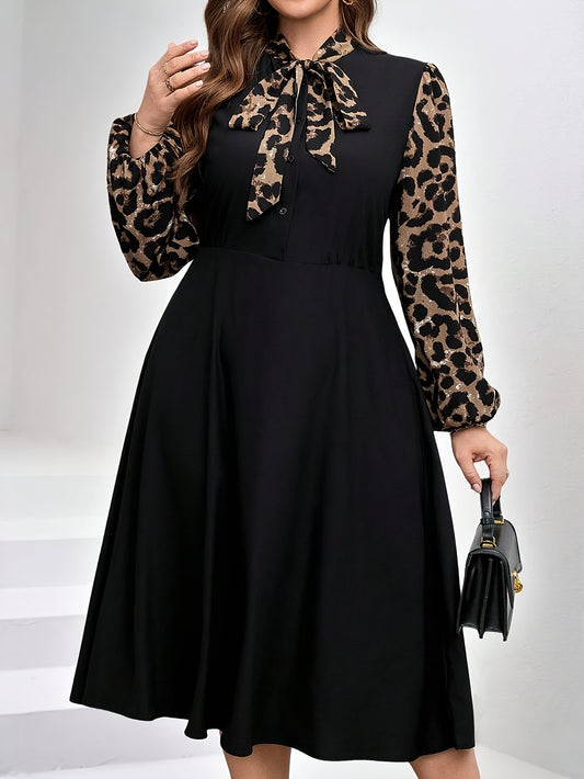 Plus Size - Plus-Size Black Leopard Print Patchwork Dress, Elegant for Everyday Wear, Suitable for Autumn And Winter.