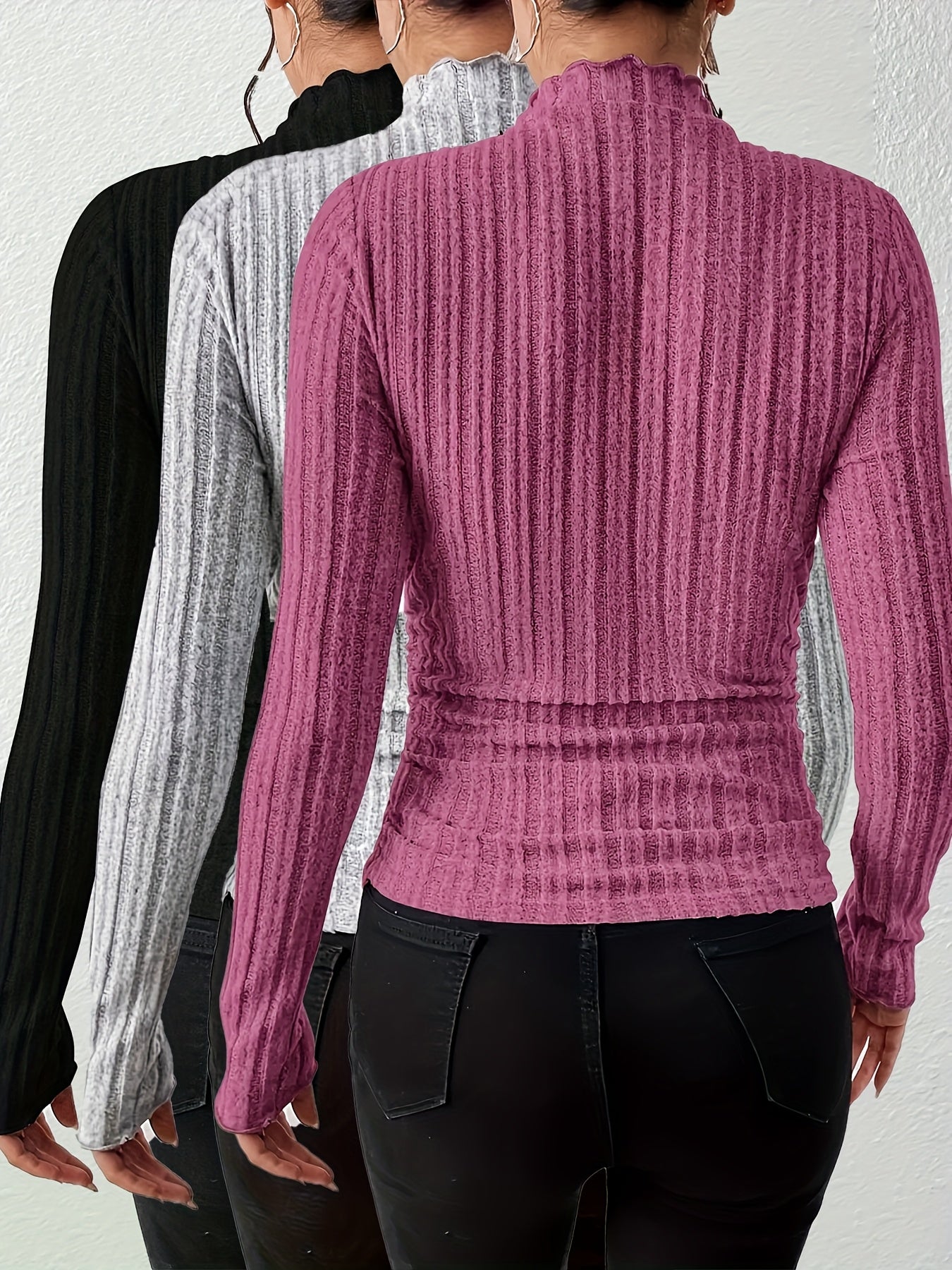 Lot de 3 T-shirts élégants pour femmes – Col montant, manches longues, col rond, coupe régulière, couleur unie, collection automne/hiver, style casual